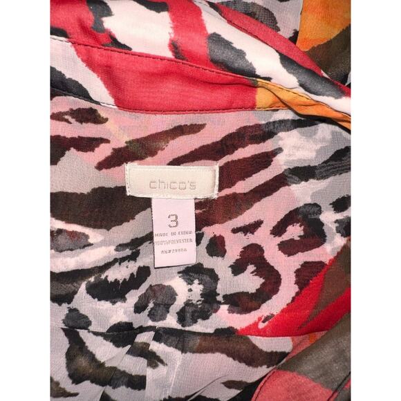 CHICO'S Top Size XL (3) Red Sheer Animal Print Button Shirt w/Strap Tie Hem - Picture 6 of 6